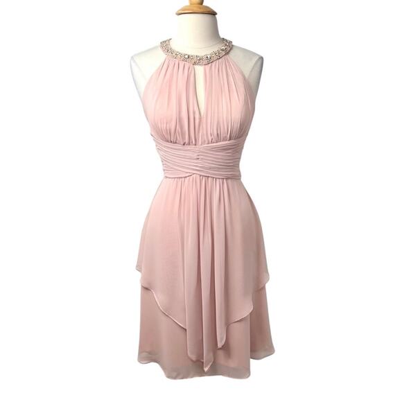 Eliza J Cocktail Dress Size 6 Pink Embellished Neck Tiered Chiffon Pleated Waist - Picture 15 of 15